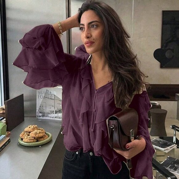 Tops - maroon Casual Women's Ruffle Trim Lantern Blouse Shirt